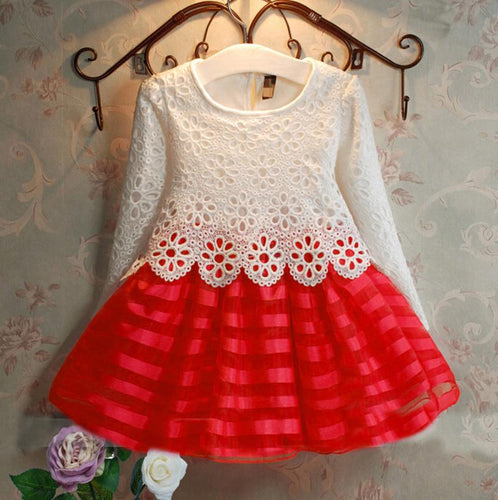 2018 autumn baby girls long sleeve Crochet lace dress children polyester organza red purple kids hook flower tutu dresses FH040