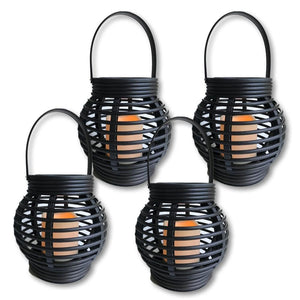 Decorative Candle Lanterns - Pack of 4 - Round Rattan Style Brown Lantern Set with LED Candle - On/Off Switch with Timer Function(9639-4)