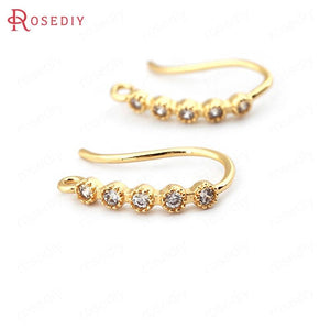 (33778)6PCS Height 15MM 24K Gold Color Brass with Zircon Earrings Hooks High Quality Diy Jewelry Findings Accessories
