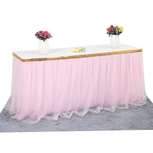 Haperlare 9ft Tablecloth Pink Tulle Table Skirt Tulle Pink Tablecloth Tutu Tablecloth Skirting with Gold Brim for Wedding Party Baby Shower Christmas Birthday Banquet Table Decorations,3 Yards