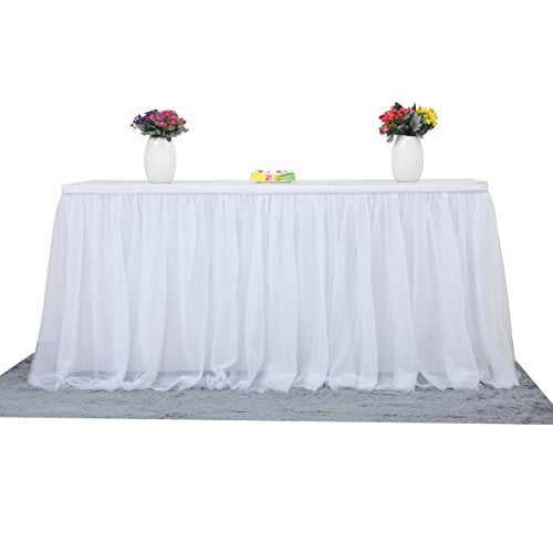 Suppromo 6ft White Tulle Table Skirt for Rectangle or Round Table Tutu Table Skirt Table Cloth for Party,Wedding,Birthday Party&Home Decoration,Table Skirting (L6(ft) H 30in, White)