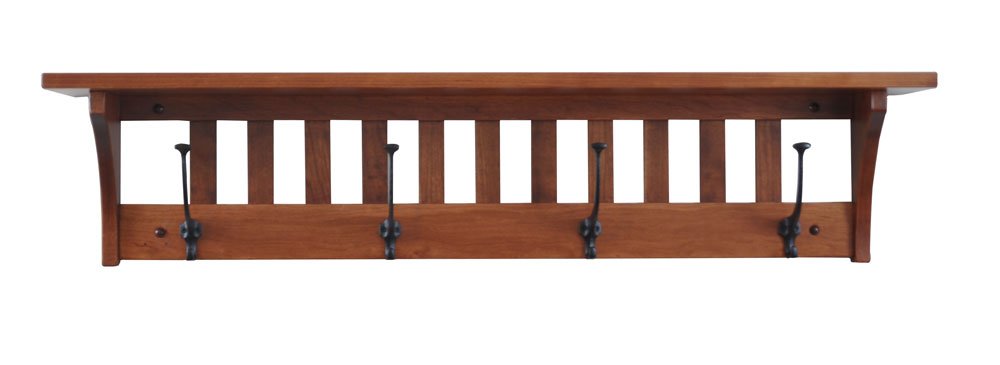 Wood Coat Rack Shelf Wall Mounted, Mission , 4 Hook, Cherry Wood, Washington Cherry Stain, Custom Available