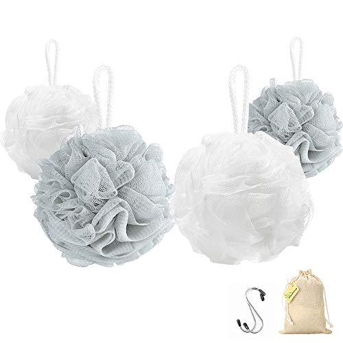 2 Size Bath Sponges - Small 30G And Large 60G Loofah Body Skin Deep Clean 4 Packs Mesh Pouf With S Hook Shower Accessories - Back Scrubber Loufa For Bathing - Bulk Luffa Sponges For Men Women And Kids