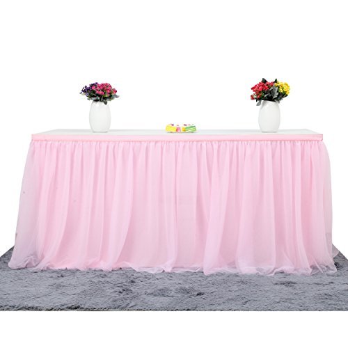 Suppromo 9 ft Pink Tulle Table Skirt for Rectangle or Round Tables Tutu Table Cloth for Party,Wedding,Birthday Party&Home Decoration,Table Skirting (L9(ft) H 30in, Pink)