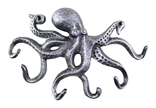 Antique Silver Cast Iron Octopus Hook 11 Inch - Decorative Hook - Sealife Metal Wall Hook