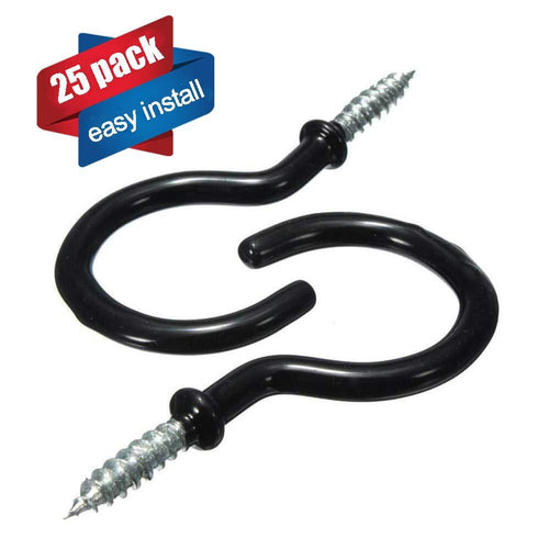 25 Pack Wall Screw Hooks/Ceiling Hooks for Lights - 2.8 inch Strong and Durable Vinyl Coated Screw-in Hooks - for Hanging Plants,Wind Chimes and Coffe Cup,Fits Inside and Outside Use Black