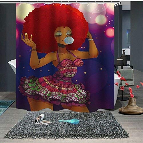 UniTendo 3D Retro Character Style Print Waterproof Polyester Shower Curtain with 12 Hooks for Bathroom Decor,Mildew Free,72 x 72 inches,Africa Girl Blowing Bubbles