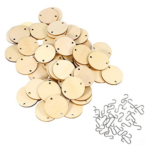 OSOF 100 Pieces Round Circular Wooden Discs craft with 2 Holes + 100 Pieces Stainless Steel S Shaped Hooks For Birthday Board Tags DIY, Chore Boards, Decor or Other Special Dates