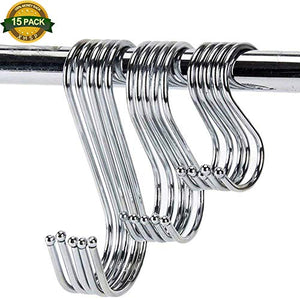 XHSP 15 Packs Heavy-duty S-Shaped Chromium-plated Hooks Stainless Steel Hanging Hooks S Hooks Kitchenware Spoons Pans Pots Utensils Bags Towels Clothes Plants Gardening Tools