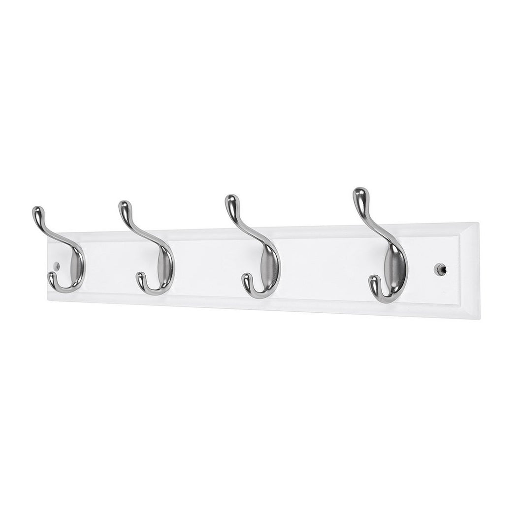 DOKEHOM 4-Satin Nickel Hooks -(Available 4 and 6 Hooks in 4 Colors)- on White Wooden Board Coat Rack Hanger, Mail Box Packing