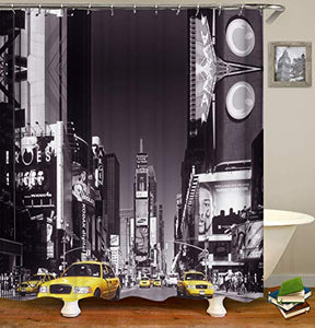 Bartori Bathroom Decor Shower Curtain The New York Times Square White and Black Photograph with Yellow Taxi Waterproof Polyester Fabric Bath Curtain with 12pcs Hooks 71''X71''