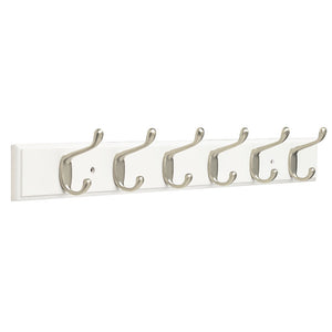Franklin Brass FBHDCH6-WSE-R, 27" Hook Rail / Rack, with 6 Heavy Duty Coat and Hat Hooks, in White & Satin Nickel
