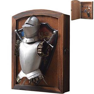 Creation Core Vintage Wood Wall Mounted Key Holder Box with 6 Hooks Rustic Entryway Organizer Metal Medieval Knight Armor Decoration