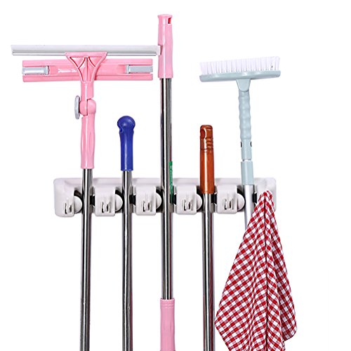 SeaTrade Wall Mounted Mop and Broom Holder, 5 Position with 6 Hooks Storage Solutions for Broom Holders, Garage Storage Systems Broom Organizer for Garage Shelving Ideas