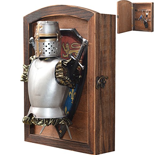 Creation Core Vintage Wood Wall Mounted Key Holder Box with 6 Hooks Rustic Entryway Organizer Metal Medieval Knight Armor Decoration