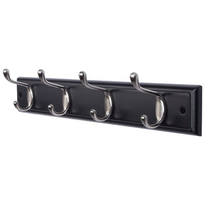 DOKEHOM 4-Satin Nickel Hooks -(Available 4 and 6 Hooks in 4 Colors)- on Black Wooden Board Coat Rack Hanger, Mail Box Packing