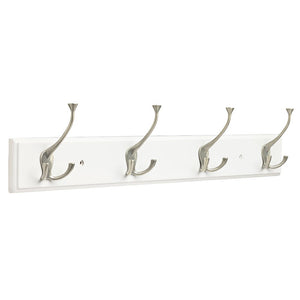 Franklin Brass FBLDFT4-WSE-R, 27" Hook Rail / Rack, with 4 Flared Coat and Hat Tri-Hooks, in White & Satin Nickel