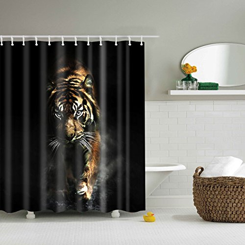 Bartori Shower Curtain Nice for Decorative with 12pcs Hooks A 3D Real Large Tiger on The Black Background Waterproof Polyester Fabric Bath Curtain with Size 71''x71''