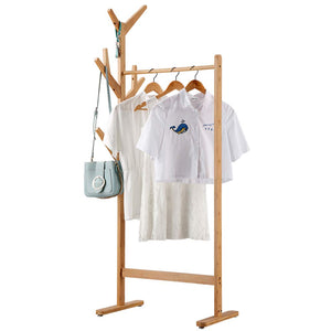 LANGRIA Single Rail Bamboo Garment Rack with 8 Side Hook Tree Stand Coat Hanger and Four Stable Leveling Feet for Jacket, Umbrella, Clothes, Hats, Scarf, and Handbags (Natural Wood Finish)