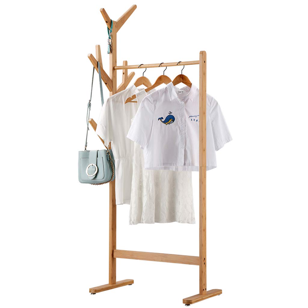 LANGRIA Single Rail Bamboo Garment Rack with 8 Side Hook Tree Stand Coat Hanger and Four Stable Leveling Feet for Jacket, Umbrella, Clothes, Hats, Scarf, and Handbags (Natural Wood Finish)