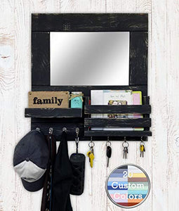 Bristol Mail Holder Wall/Key Holder Wall Shelf/Decorative Mirror/Rustic Wooden Mail Organizer - Restyled Farmhouse Entryway Mirror Wall Organizer & Shelf - Kettle Black