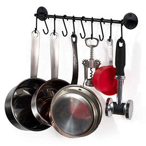 Wallniture Gourmet Kitchen Rail Pot Pan Lid Organizer Rack with 10 Hooks Black 16” Inch