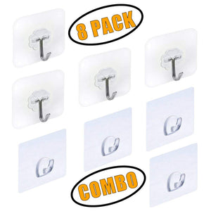 Adhesive Wall Hooks Heavy Duty upto 9 Pounds (max) - Transparent and Waterproof Reusable, Removable, Stick on Hanger used in Bathroom Kitchen Bedroom for Hanging Coat Towel Utensils Keys - 8 Pack