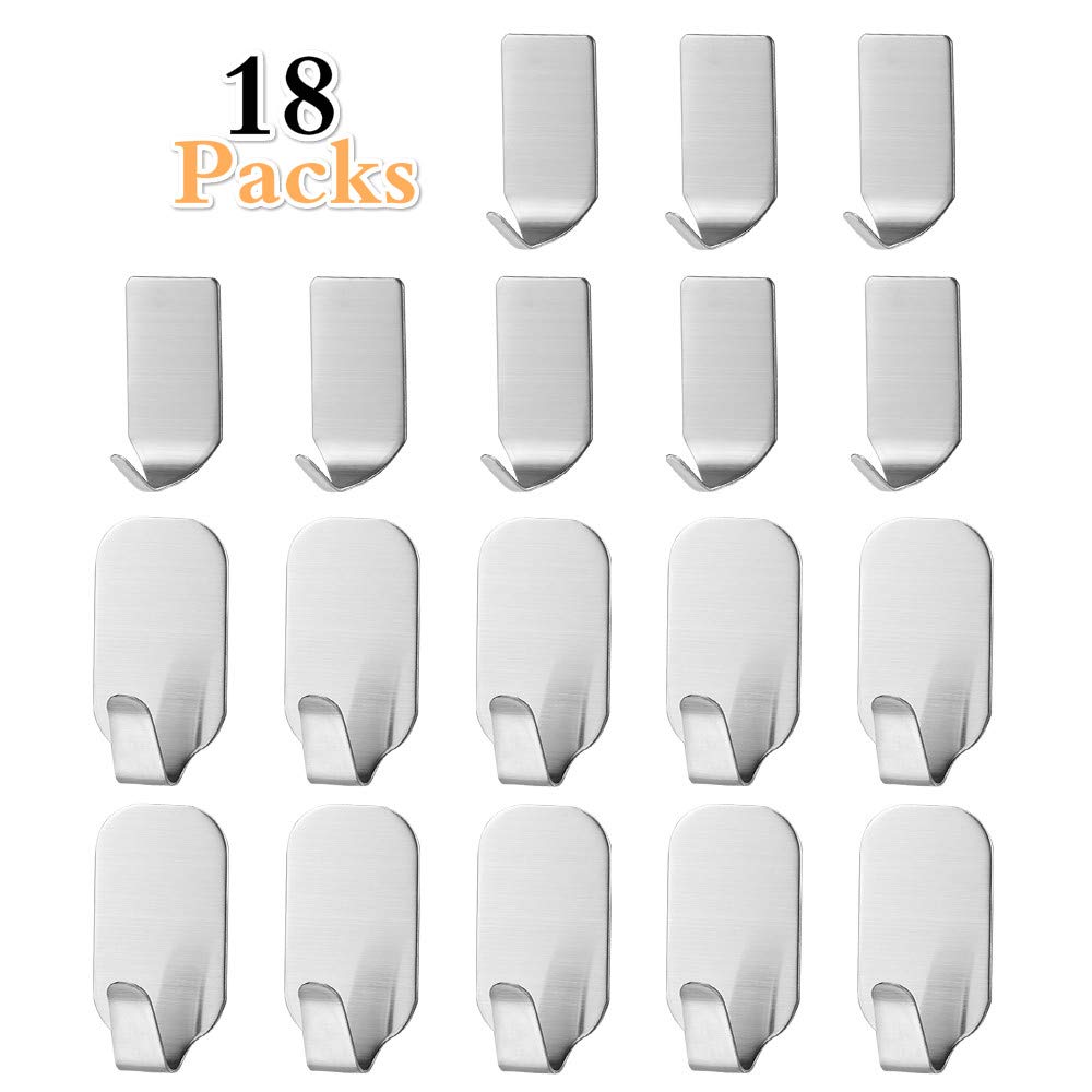 [18-Packs] Adhesive Hooks, Sikkiy Heavy Duty Wall Hooks Stainless Steel Ultra Strong Waterproof Hanger for Robe Coat Towel Keys Bags Hats Umbrellas Home Kitchen Bathroom Office (8 Small + 10 Big)