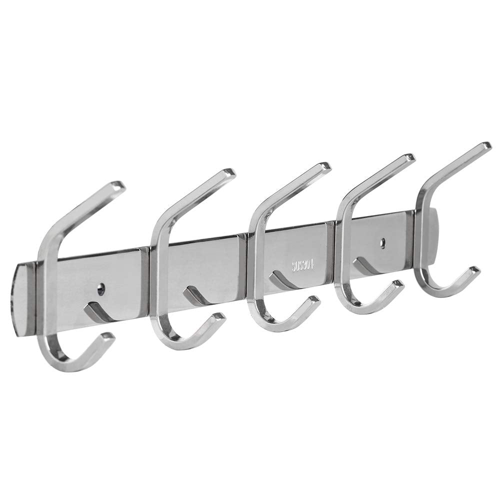 Coat Hook Wall Mounted SUS 304 Stainless Steel Hook Rack with 5 Dual Hanger Hooks Hooks for Coats, Hats, Scarves, Key