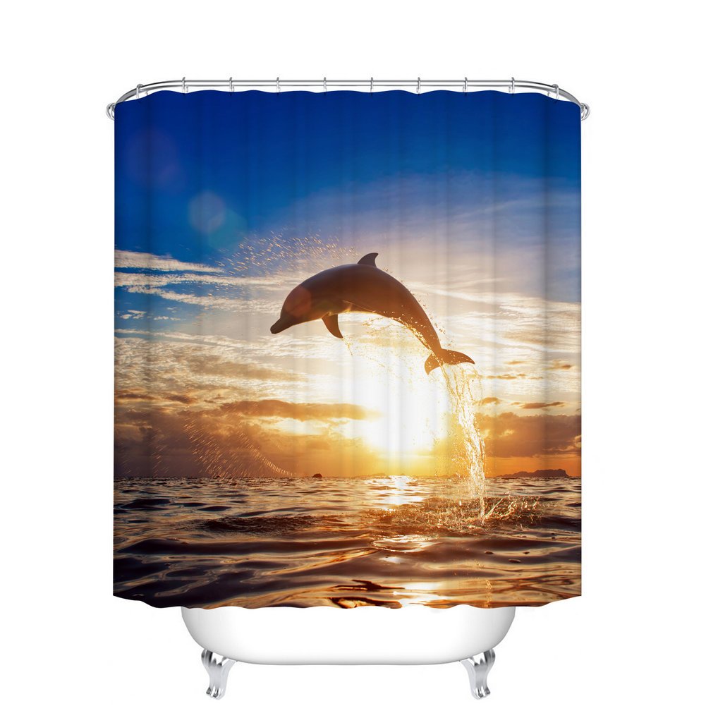 Fangkun Shower Curtain Custom Sunset Dolphin Art Print Pattern - Waterproof Polyester Fabric Bath Curtains Decor Set - 12pcs Shower Hooks - 72 x 72 inches