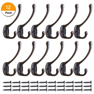 12 Pcs Heavy Duty Dual Coat Hooks Wall Mounted with 30 Screws Retro Double Utility Rustic Hooks for Coat, Scarf, Bag, Towel, Key, Cap, Cup, Hat (Vintage Copper)