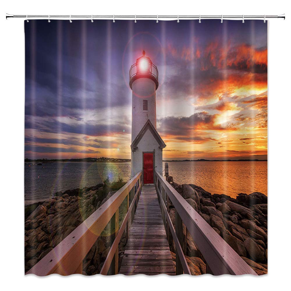 AMNYSF Lighthouse Shower Curtain Sea Coast Wooden Bridge Tower Fantasy Sky Sunset Scenery Decor Fabric Bathroom Curtains,70x70 Inch Waterproof Polyester with Hooks