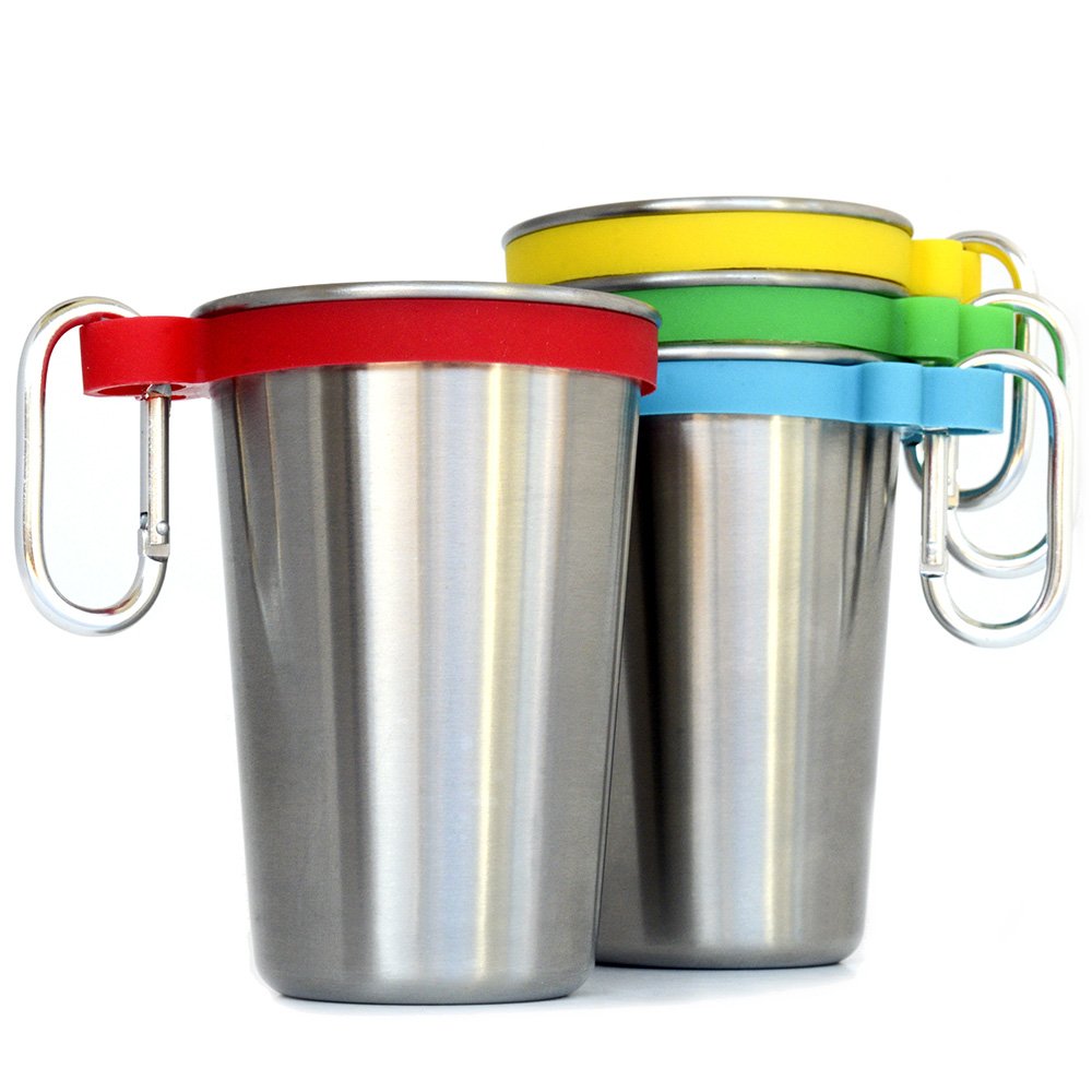 Stainless Steel Cups Set of 4 with color bands, Clip On Hooks, Beer Pints, Kids Tumblers by The Cuppery