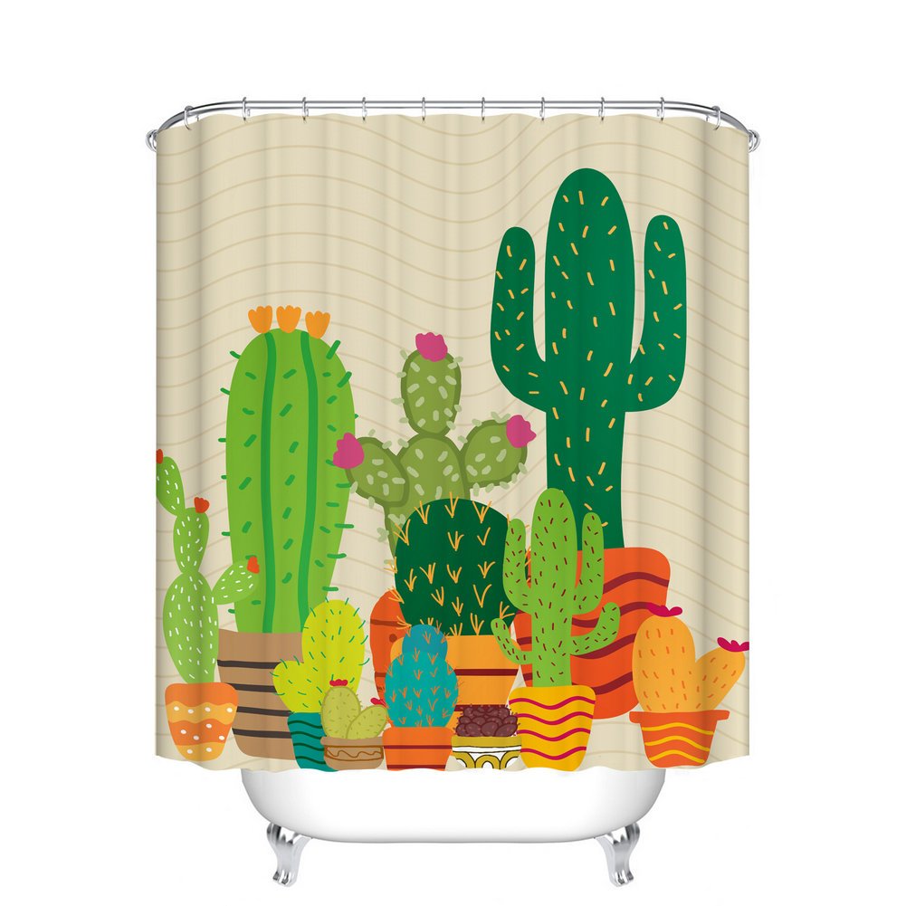 Fangkun Shower Curtain Art Bathroom Decor Plants Cactus Design Green - Polyester Fabric Bath Curtains Decor Set - 12PCS Shower Hooks - 72 x 72 inches