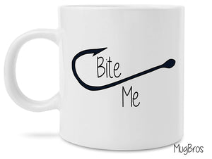 Funny Fisherman's Fish Hook Bite Me 11 Ounce Coffee Mug Cool Birthday Present Idea for Coffee Lovers, Men & Women, Him or Her - Unique Gifts for a Mom, Dad, Husband, Wife, Boyfriend, Girlfriend