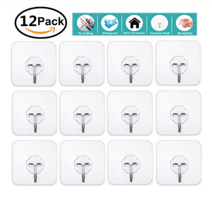 12 Pack Adhesive Hooks(13.2lb/6kg) Sticky Wall and Ceiling Hooks Nail Free Transparent Reusable Heavy Duty Hook for Bathroom and Kitchen No Scratch Waterproof and Oilproof