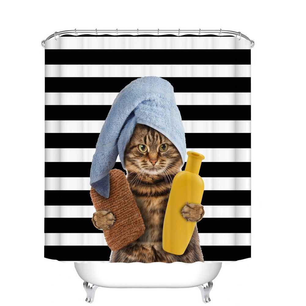 Fangkun Animals Funny Cat Bathing Decor Bathroom Shower Curtain - Head wrapped in bath towels cat Stripe background - Polyester Fabric Bath Curtains set - 12pcs Shower Hooks (YL097#, 72 x 72 inches)