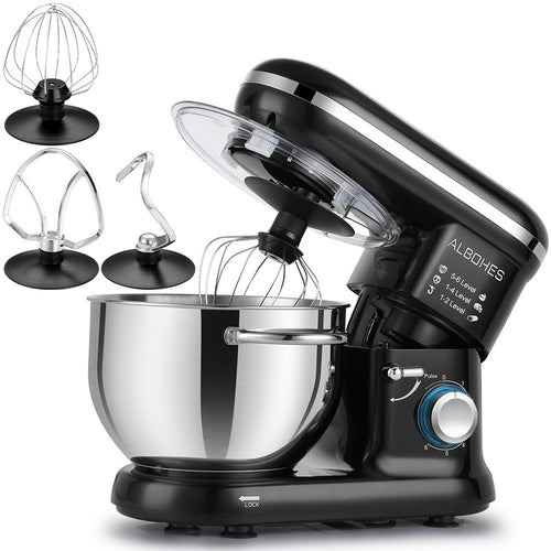 ALBOHES Stand Mixer, 600W 6 Quart Tilt-Head Dough Mixer, Electric Kitchen Mixers Food Mixer with Stainless Steel Bowl, Dough Hook, Whisk, Flat Beater, Pouring Shield (Black)