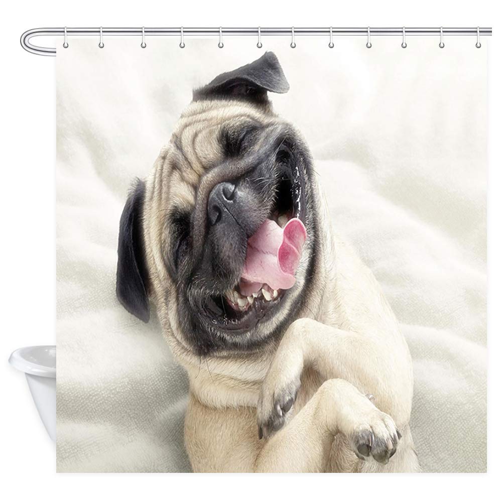 NYMB Animal Lover Lovely Happy Pug Dog Shower Curtain in Bath, Polyester Fabric Bathroom Fantastic Decorations Pet Bath Curtains Hooks Included,69X70in