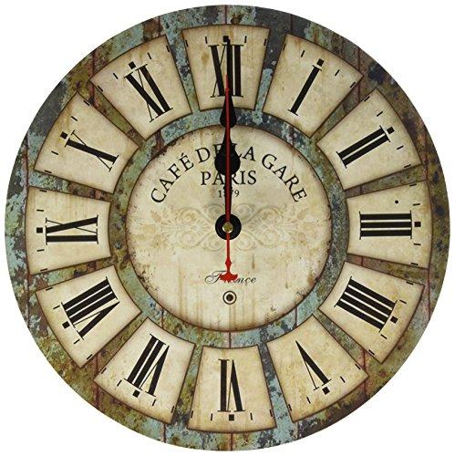 12-Inch Wooden Clock, Eruner Vintage Wood Wall Clock - [Cafe De La Gare] Retro Style France Paris London Country Non-Ticking Silent Wooden Wall Clock (#03)