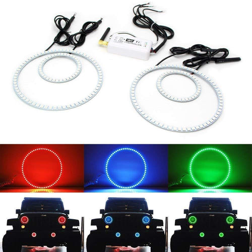 7-Color RGB LED Angel Eye Halo Rings For 2007-up Jeep Wrangler JK Headlight and Fog Lamps Retrofit with Smart Phone WIFI Remote Control