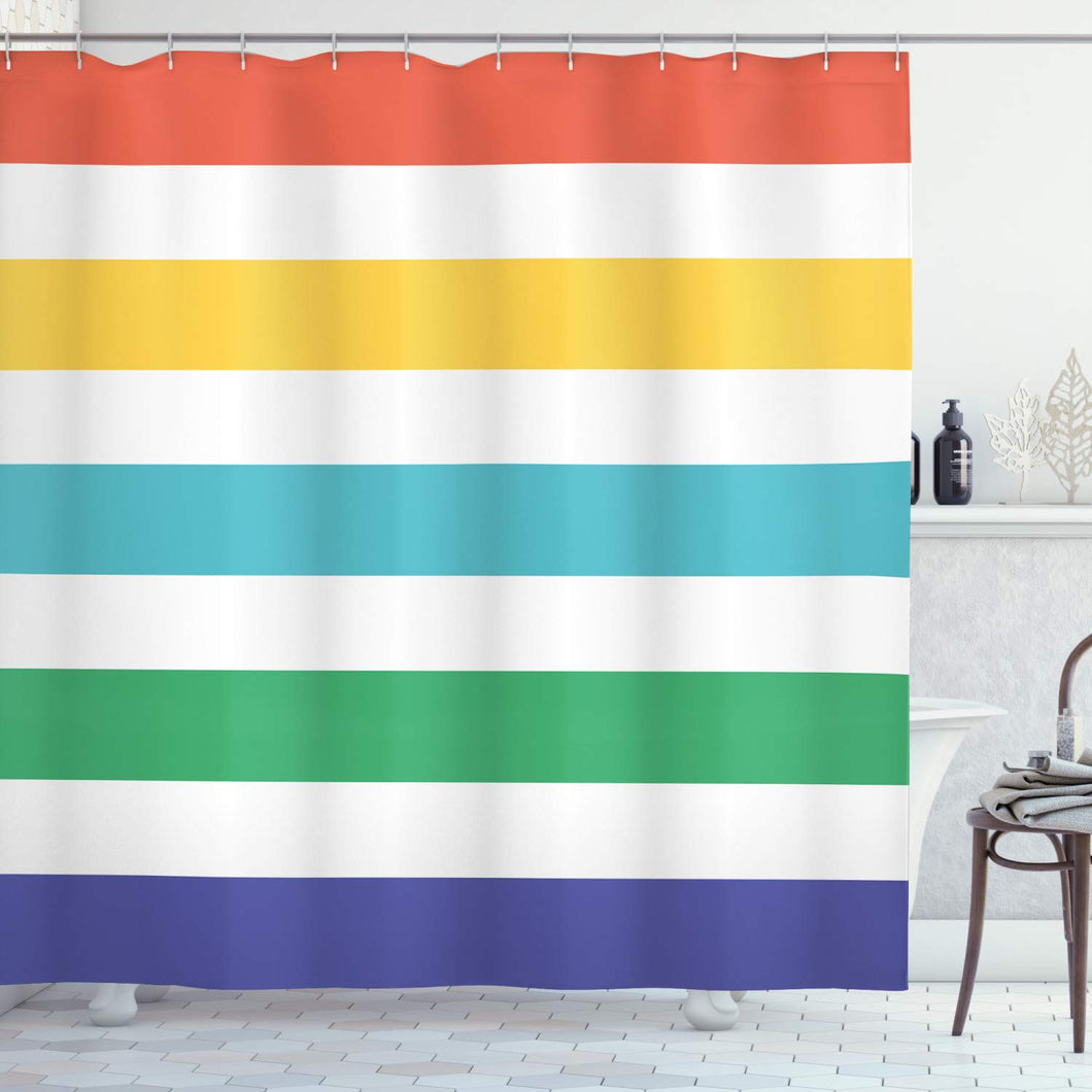 Ambesonne Striped Shower Curtain, Rainbow Colored and White Fun Horizontal Lines Kids Room Red Yellow Blue Green Art, Cloth Fabric Bathroom Decor Set with Hooks, 84
