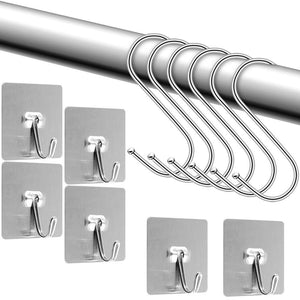 12 pcs S Shaped Polished Stainless Steel Metal Hanging Hooks and Stainless Steel Strong Adhesive Hooks, SourceTon Metal Hangers for Kitchen Closet Bathroom Bedroom Office -3.6" S-Size-M, 2" Nail-Free