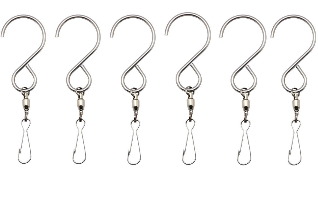 Swivel Hooks Clips Stainless Steel Rotating Display S Hooks for Wind Spinners, Wind Chimes, Crystal Twisters or Party Supply (6 Pack)