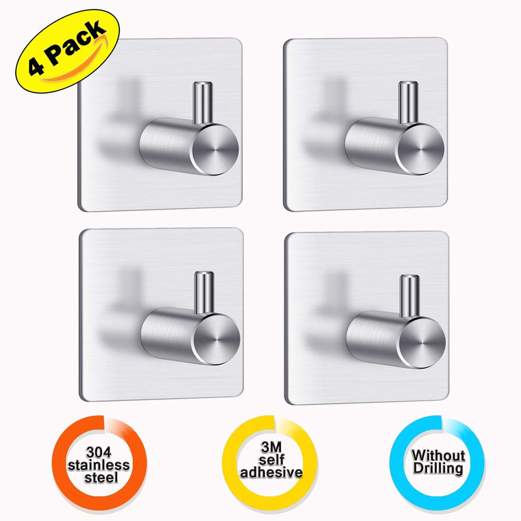 3M Self Adhesive Hooks, YECO 304 Brushed Stainless Steel Waterproof Oilproof Closets Coat Towel Robe Hook Wall Mount for Kitchen Bathroom–Easy Installation without Drilling (4 Pack) …