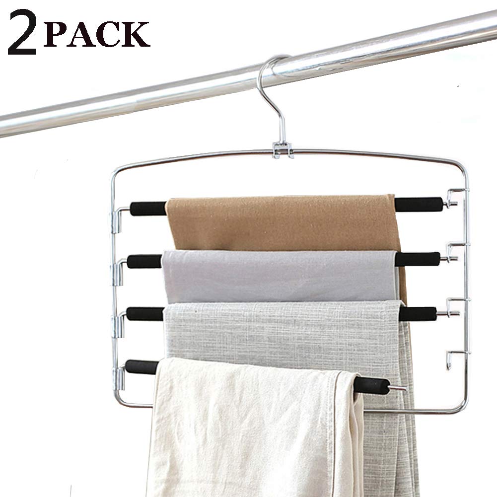Clothes Pants Hangers 2pack - Multi Layers Metal Pant Slack Hangers,Foam Padded Swing Arm Pants Hangers Closet Storage Organizer for Pants Jeans Scarf Hanging (Purple-2pack)