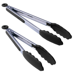 MANLEHOM Silicone Kitchen Tongs Stainless Steel Food Tongs,2 Pack (9 inch Salad Tongs + 12 inch Barbecue BBQ Tongs), With Silicone Heads & Silicone Grip- Black