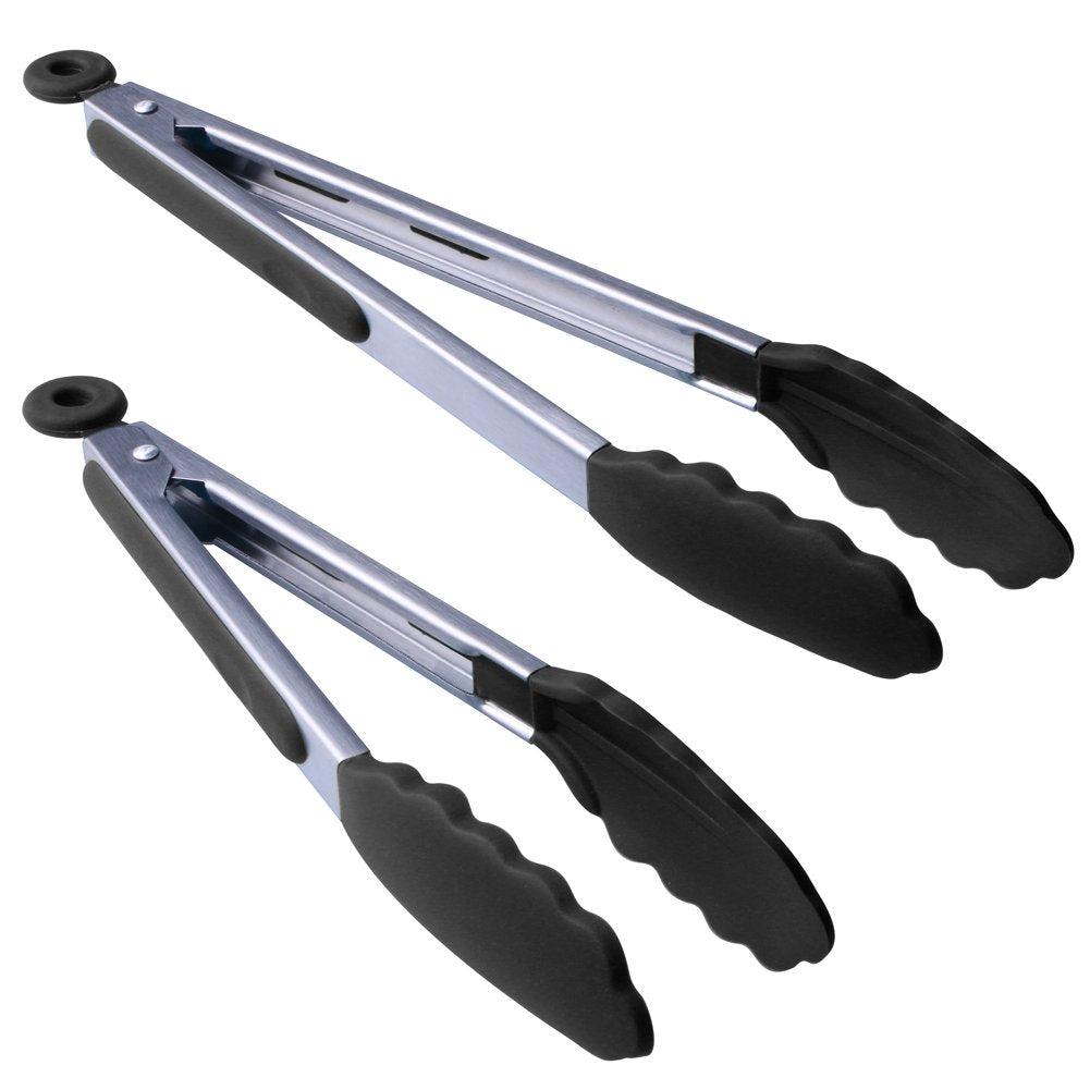 MANLEHOM Silicone Kitchen Tongs Stainless Steel Food Tongs,2 Pack (9 inch Salad Tongs + 12 inch Barbecue BBQ Tongs), With Silicone Heads & Silicone Grip- Black
