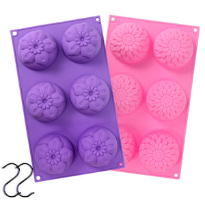 JUSLIN 2 PCS 6 Cavity Assorted Silicone Flower Soap Mold DIY Soap Mold Handmade Chocolate Biscuit Cake Muffine Silicone Mold, with 2 S Hooks as Gift