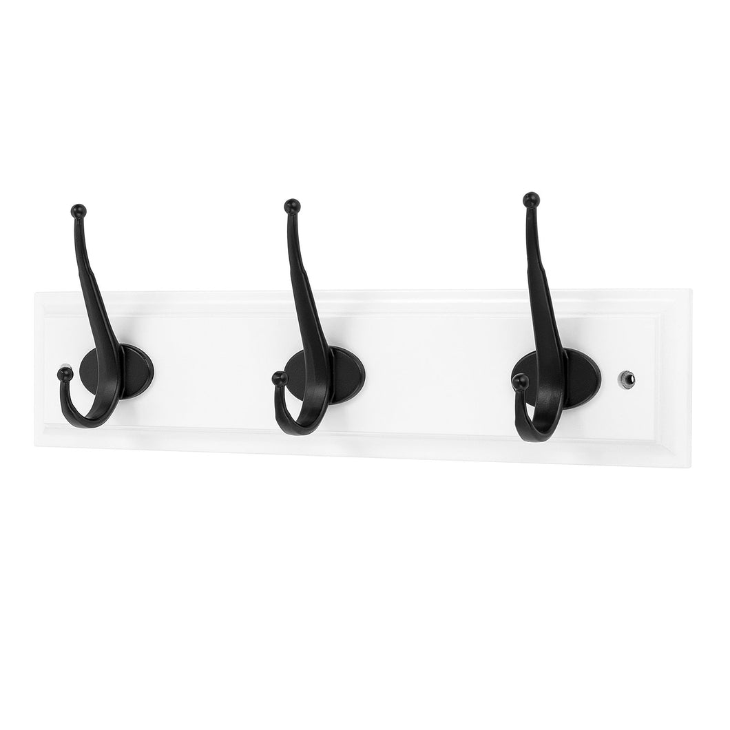 DOKEHOM 3-Black Hooks on Wooden Board Coat Rack Hanger, Mail Box Packing (White)